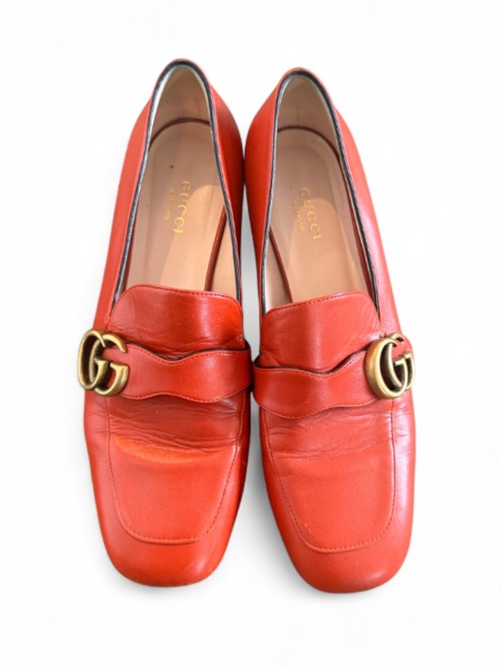 Gucci Orange Leather Loafers with Gold Double G